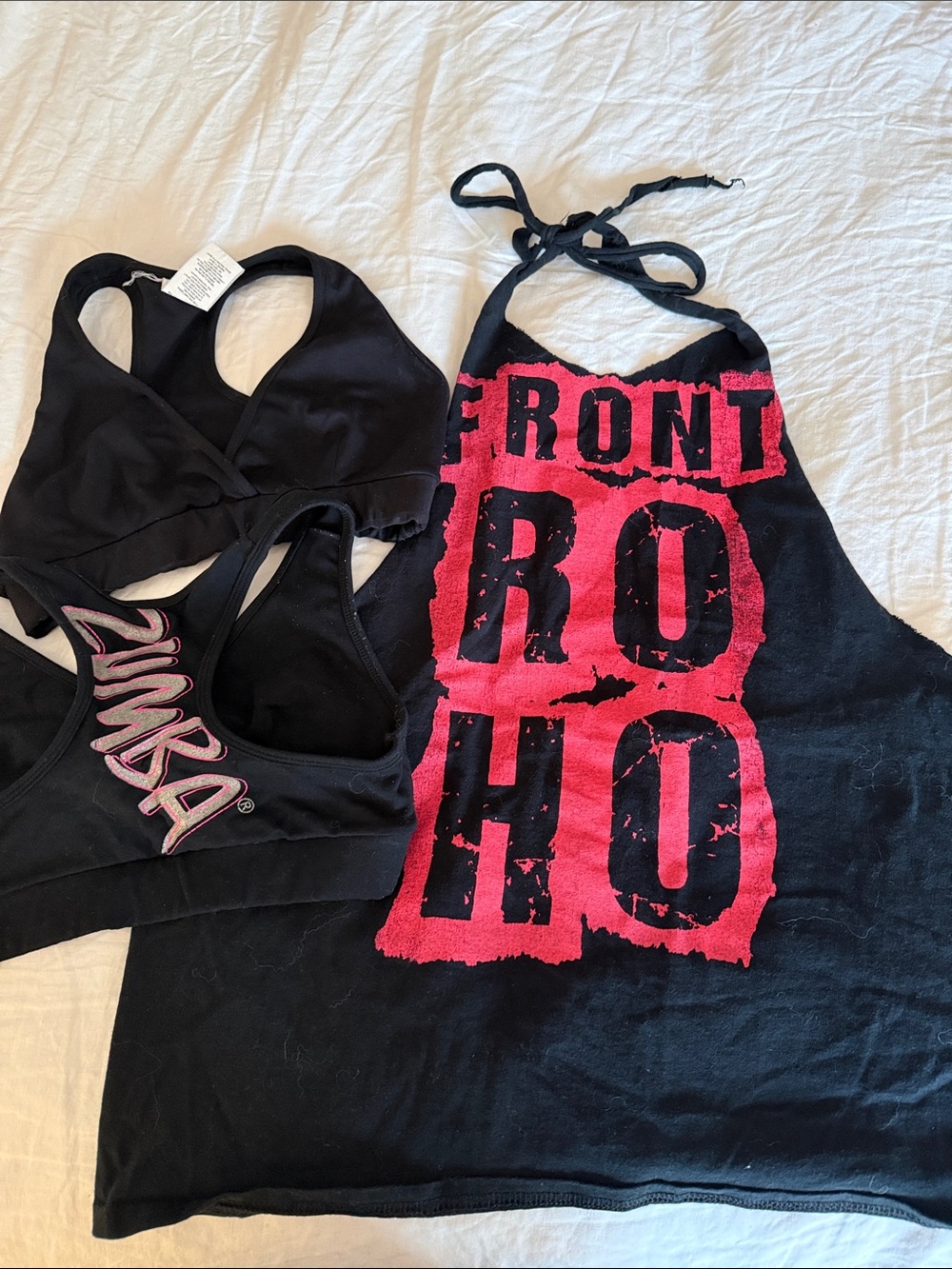 Zumba Fitness Black Sports Bras and Black Tank with Pink Graphic